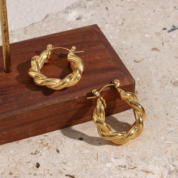 Chunky Twisted Striped Texture Hoop Earrings 18K Gold Plating Stainless Steel - Picture 6 of 9